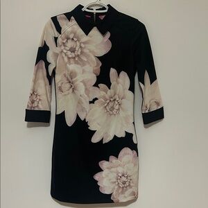 Ted Baker Black and Cream Floral Long Sleeve Dress